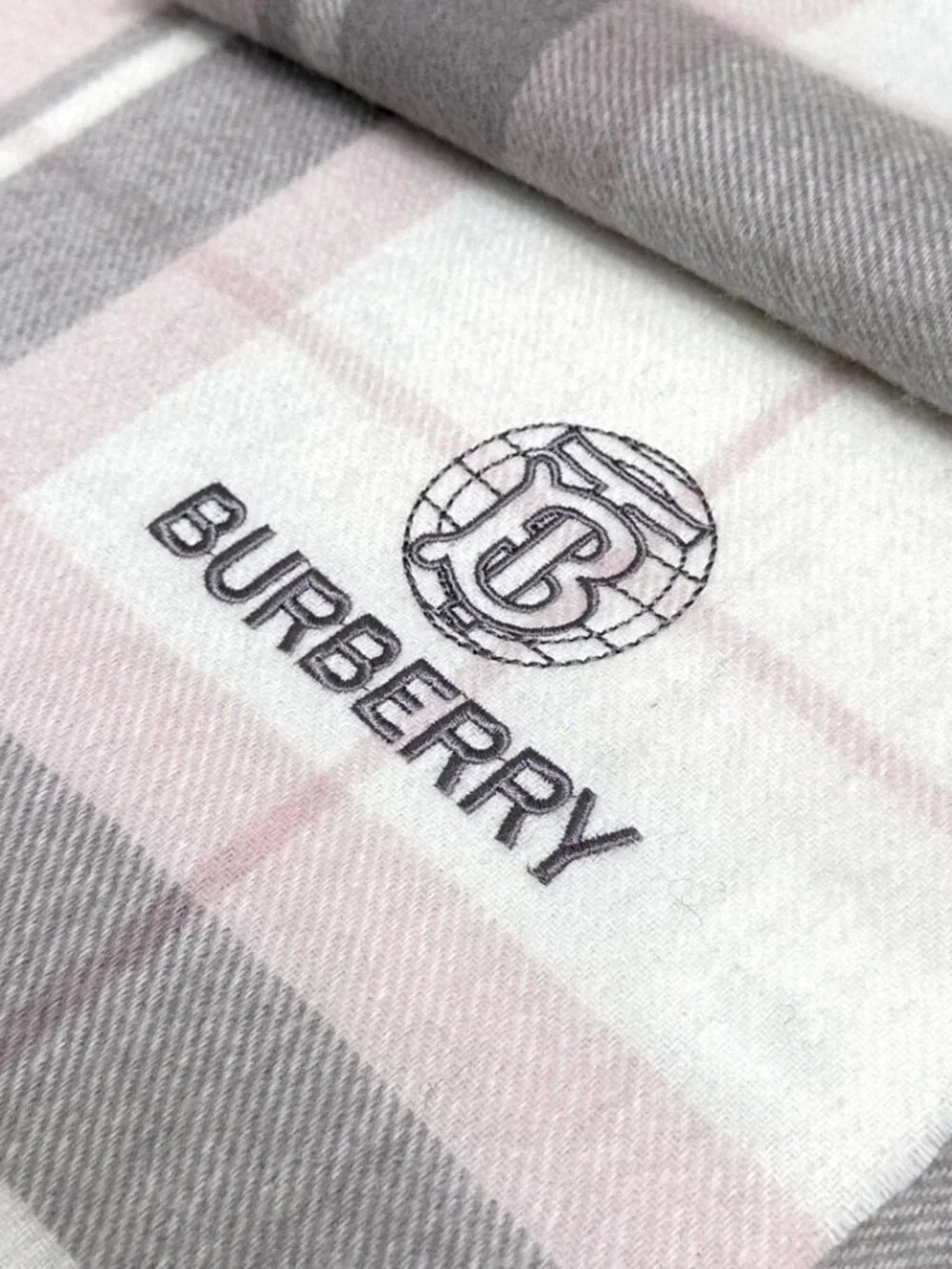 Burberry Embroidered TB Logo Cream‑Tone Check Scarf Soft Fringe Designer Shawl